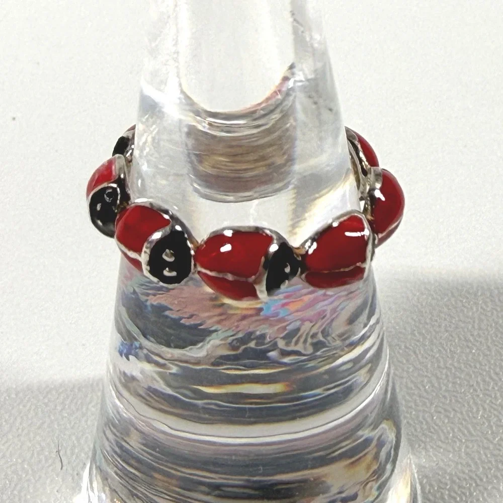 DELIAS Y2K 2000s Teen LADYBUG Red Black Enamel Band Ring Silver Tone Sz 5.25